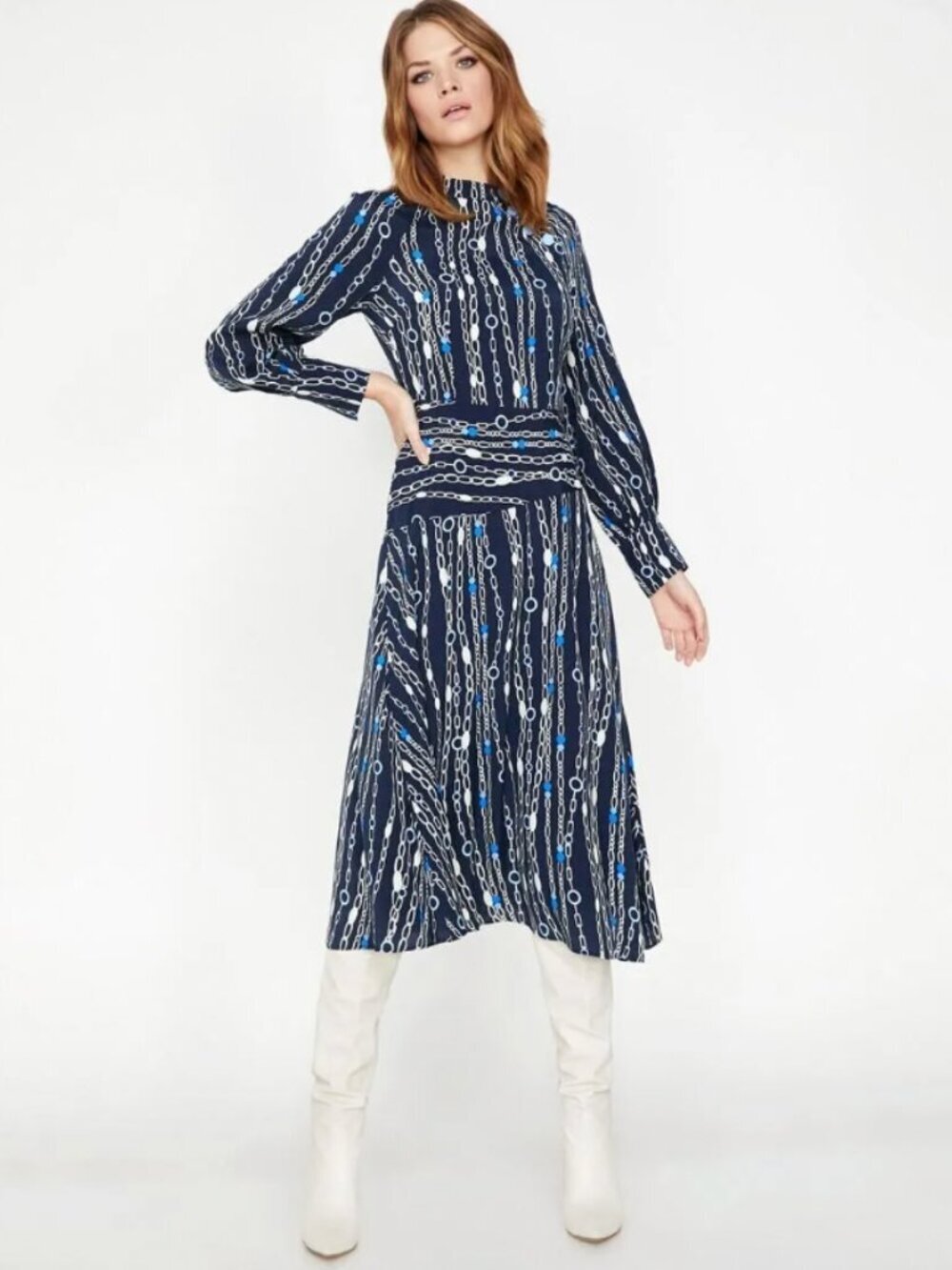 Arzu Sabana for Koton Navy Chain-Print Long Sleeve Dress Size 36 Women's Small